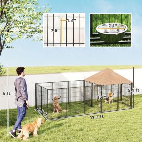 Large Outdoor Dog Kennel With Rotating & Adjustable Height Bowls, Waterproof & UV-Resistant Canopy (Option: Coffee)